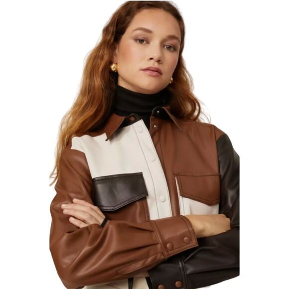 SFIZIO Women's Brown Color Block Faux Leather Patchwork Shacket Size Medium NWOT - Picture 2 of 14